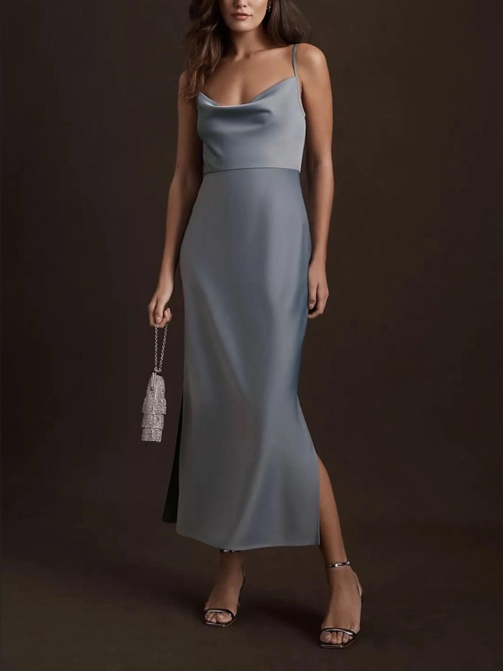 BHLDN Slate Blue Cali Satin Cowl-Neck Midi Dress Size 18